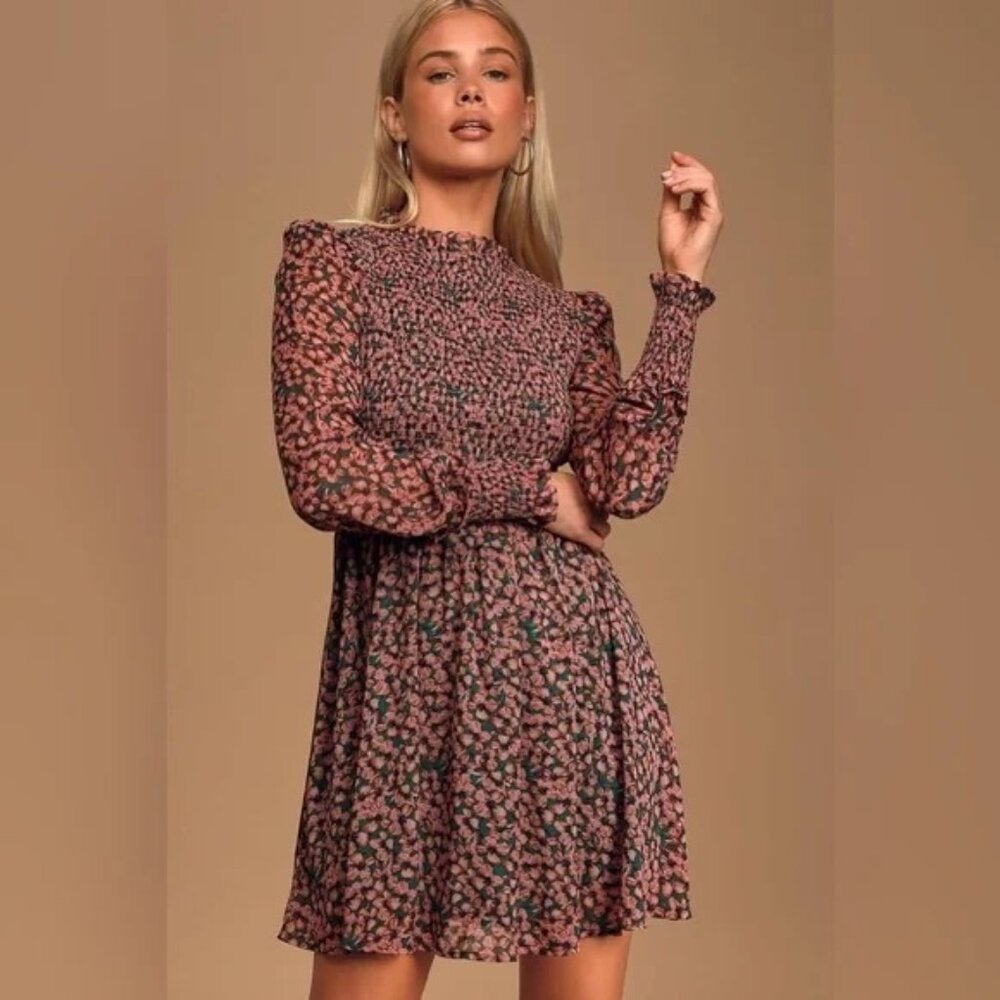 Lulus - Floral Forever Green & Pink Floral Print Smocked Skater Dress — M